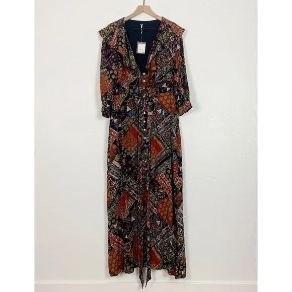 NWT Free People Lennon Patchwork Printed Ruffle Collar Boho Maxi Dress Size XL